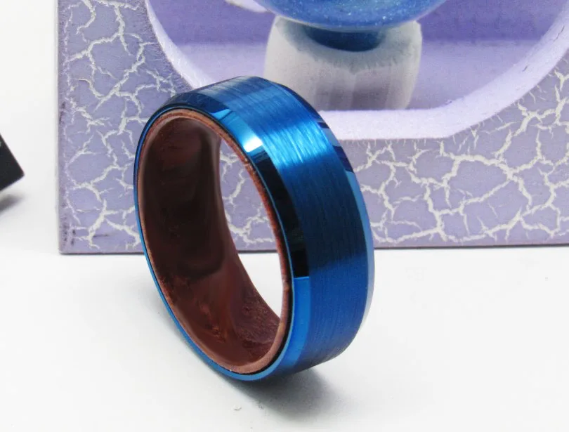 8mm Width Men Wood Ring Tungsten Carbide Wedding Band Blue Plating Matte Finishing Size 6-13 Can Customized Engraving