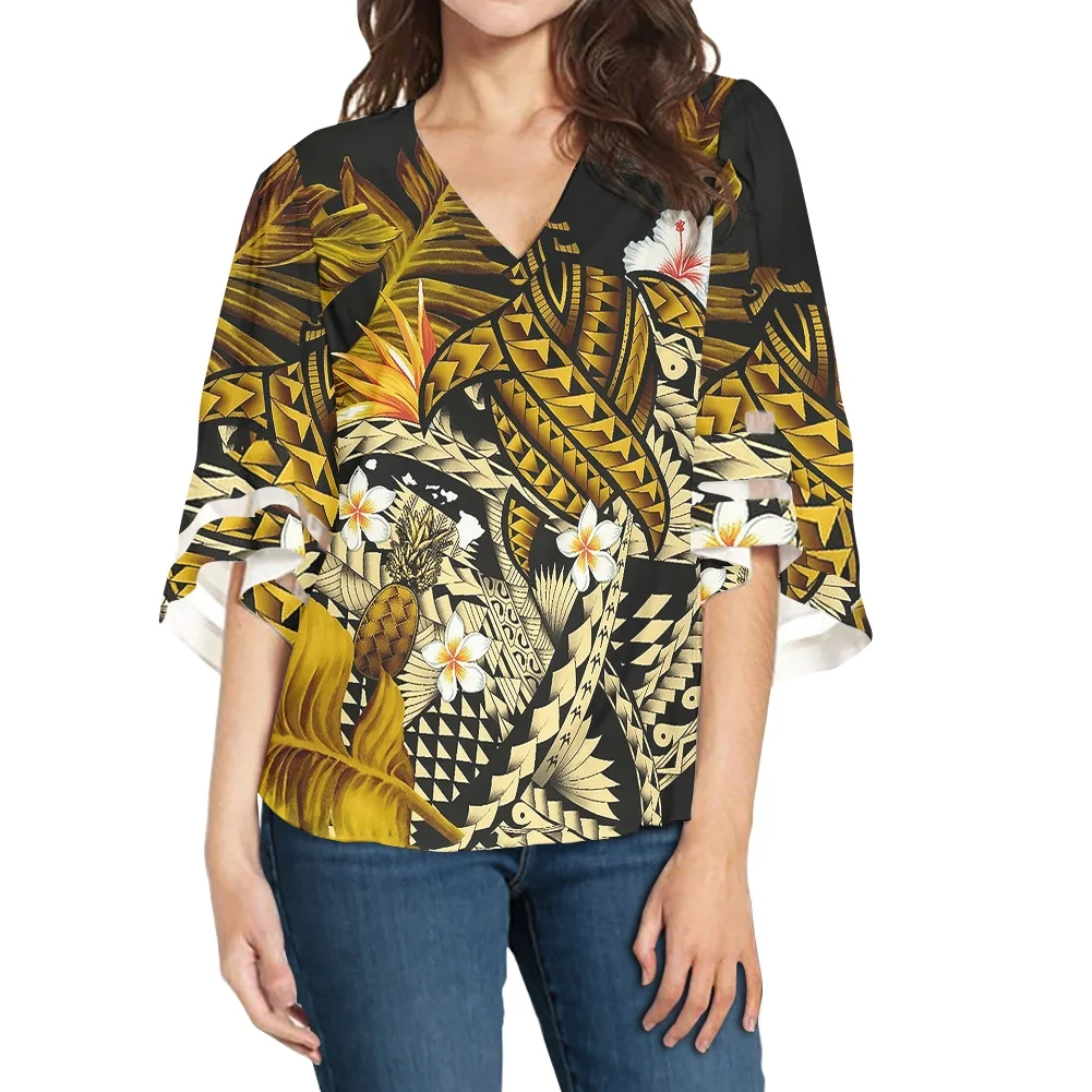 

HYCOOL Polynesian Tribal Summer Loose Yellow Tops For Women Elegant Casual Blouses For Women Fashion Floral Shirt For Women 2022