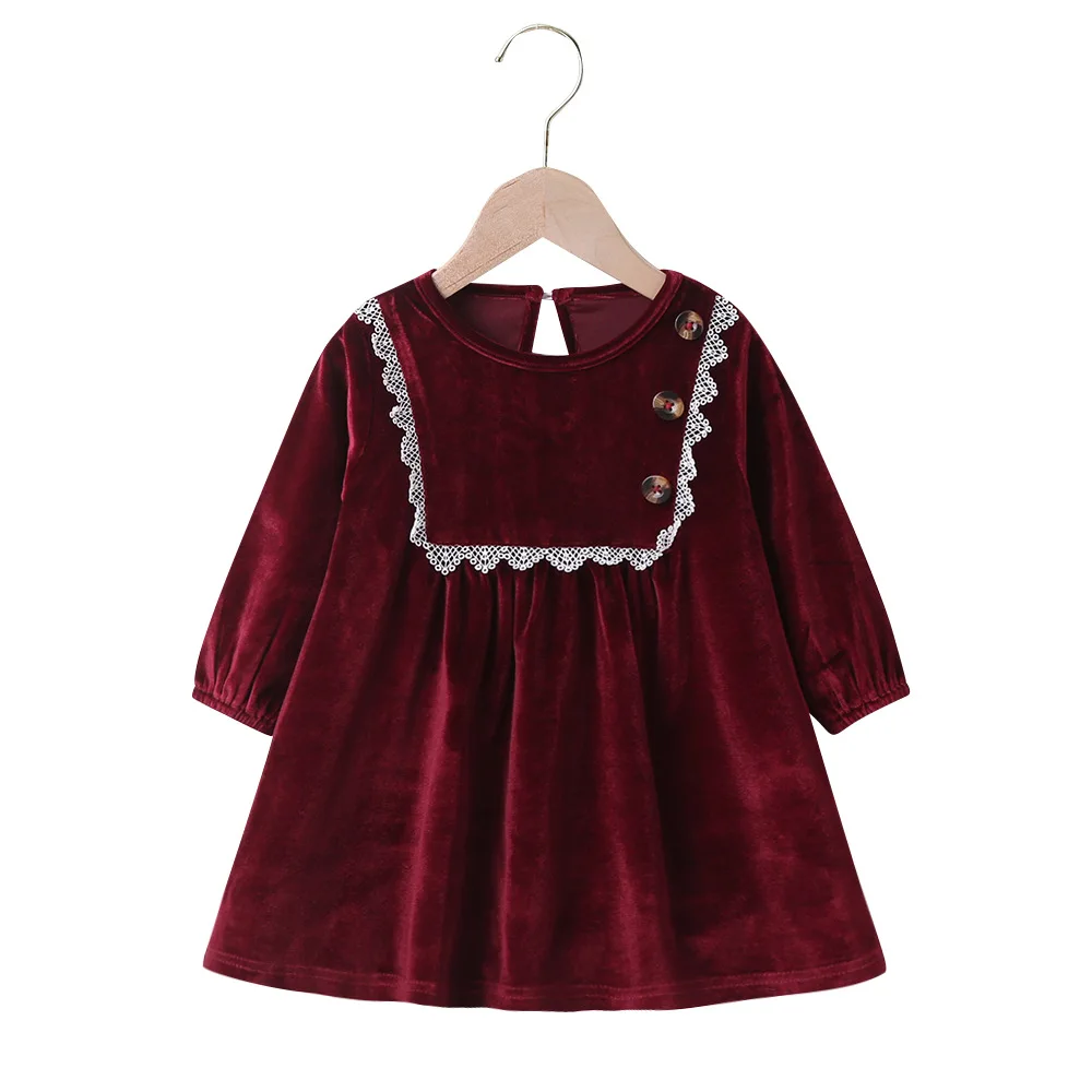 Winter 2023 Girls Dress Girls Cute Velvet Long Sleeve White Lace Claret Cute Preepy Look Birthday Party Dresses Vestidos 0-24M