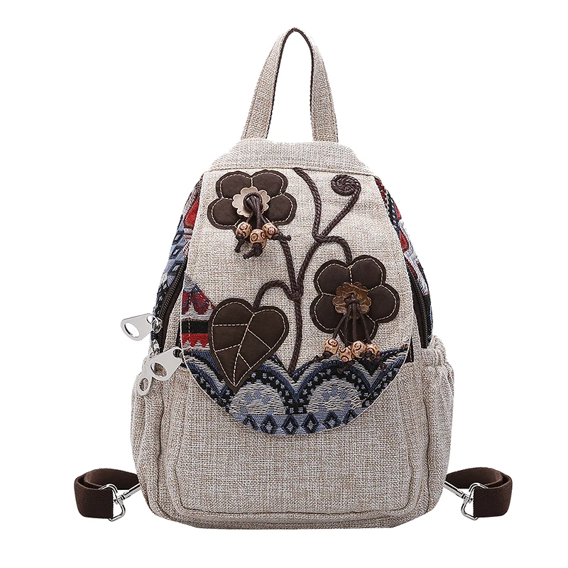 Mochila De lino de estilo chino para mujer, bolso de hombro de arte Vintage con estampado Floral informal, mochila de lona Retro para mujer