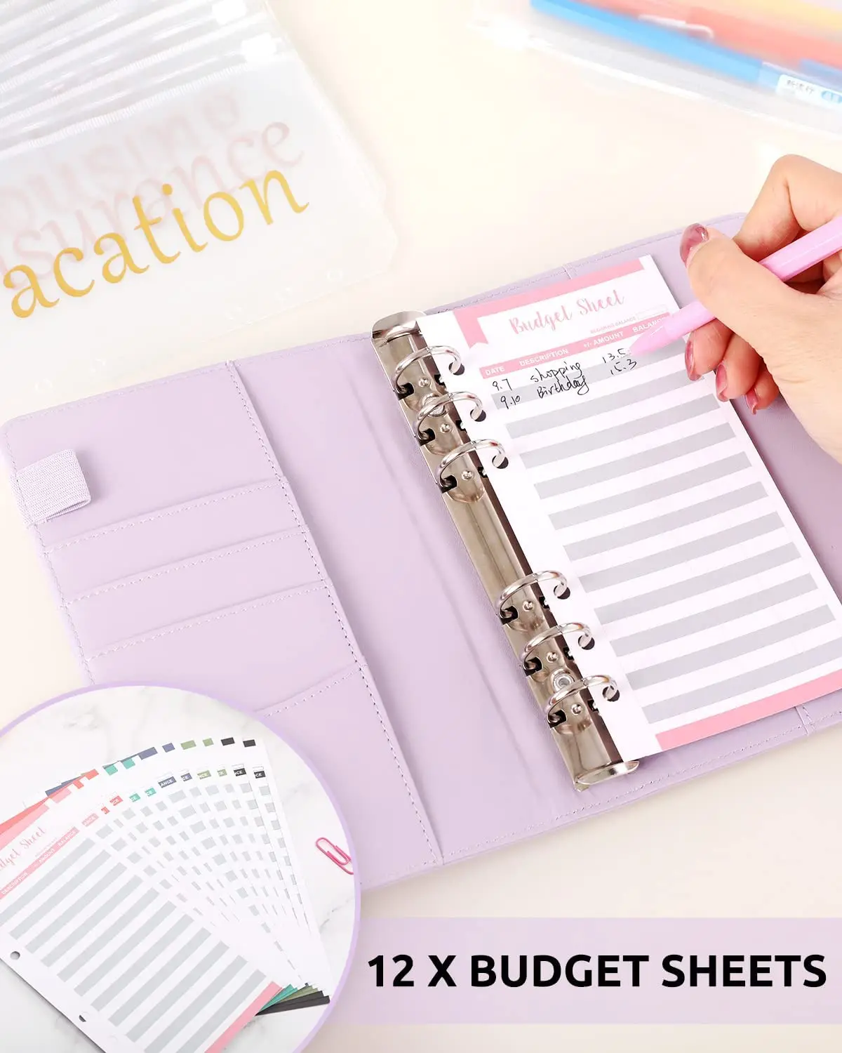 A6 Budget Binder with 10pcs Pre-printed Cash Envelopes for Budgeting,12 Expense Budget Sheets,Planner Organizer for Saving Money