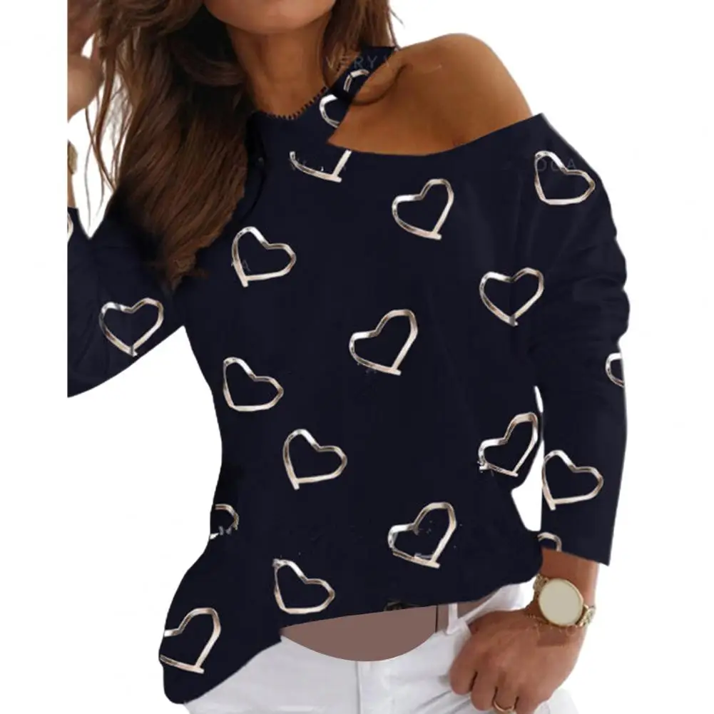 Sexy Women One Shoulder Pullover Female Knit Blouse Women Long Sleeve Hollow Out Blouse Love Heart Print One Shoulder Pullover