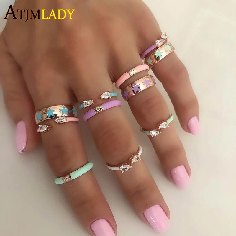 Colorful Pastel Enamel Band Ring For Women 2025 Summer Hot Selling Double Tear Drop CZ Design Lovely Open Adjusted Finger Rings