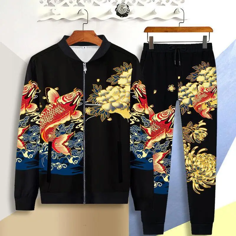 Tide brand men's jacket suit Chinese style 3D dragon print loose sportswear men's autumn casual trousers two-piece suit