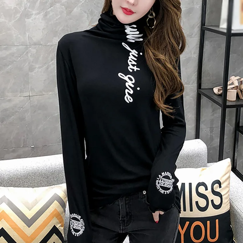 Women Simple Casual Thick Letter Print T-Shirt Female Fashion Slim Thin High Collar Long-Sleeve Bottoming Wild Casual T Shirts