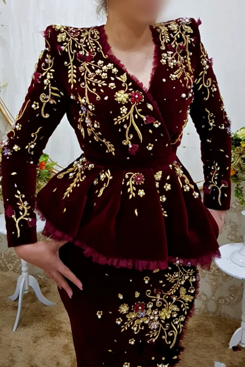 Traditional Burgundy Mermaid Evening Dresses Long Sleeves Beaded lace floral Velvet Prom Dress Robe de Soirée Algerian karakou