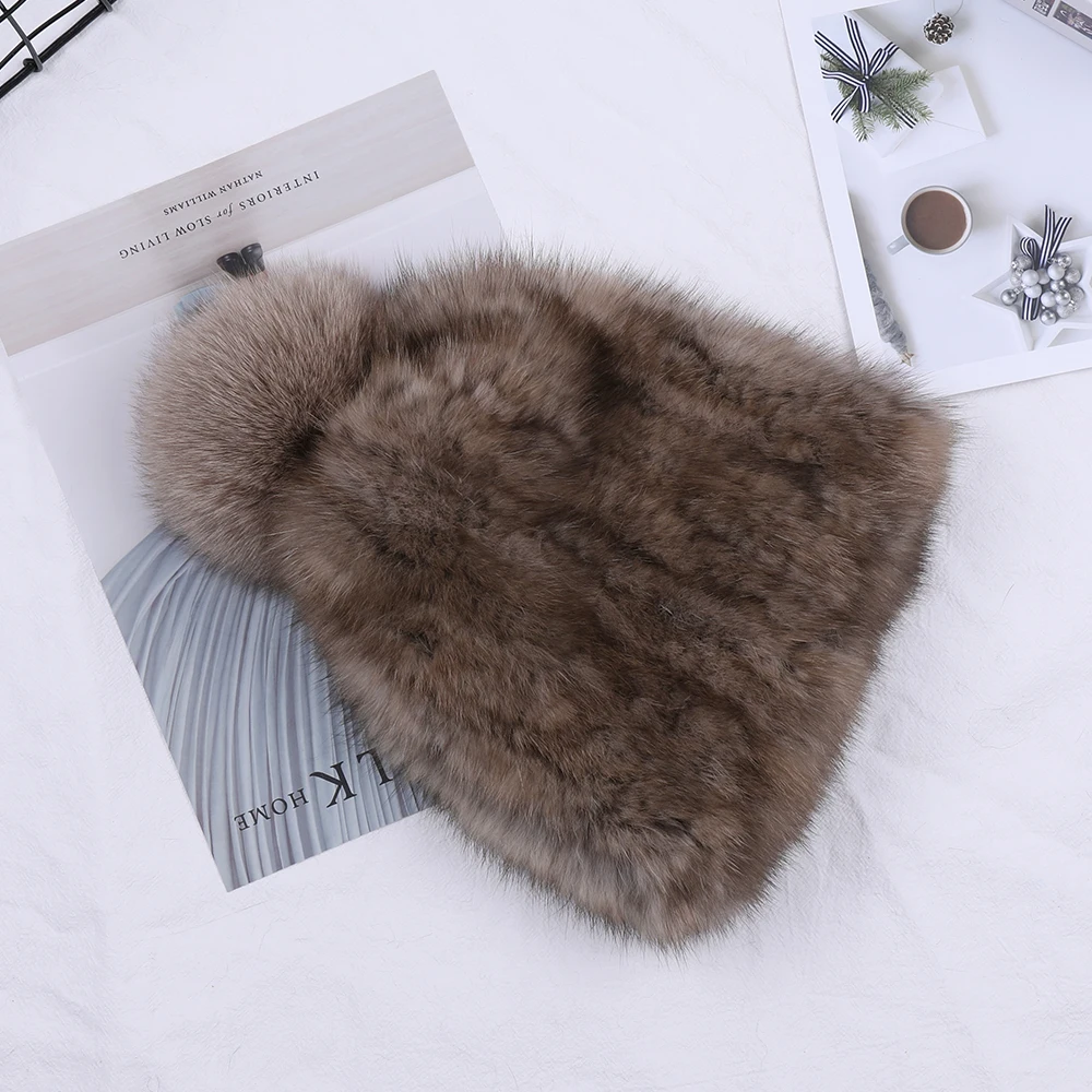 Highend Women\'s Winter Knitted 100% Real Sable Fur hat Fur Beanie Russian Mink Fur Cap With Fox Fur Pom Poms Female Warm Thick