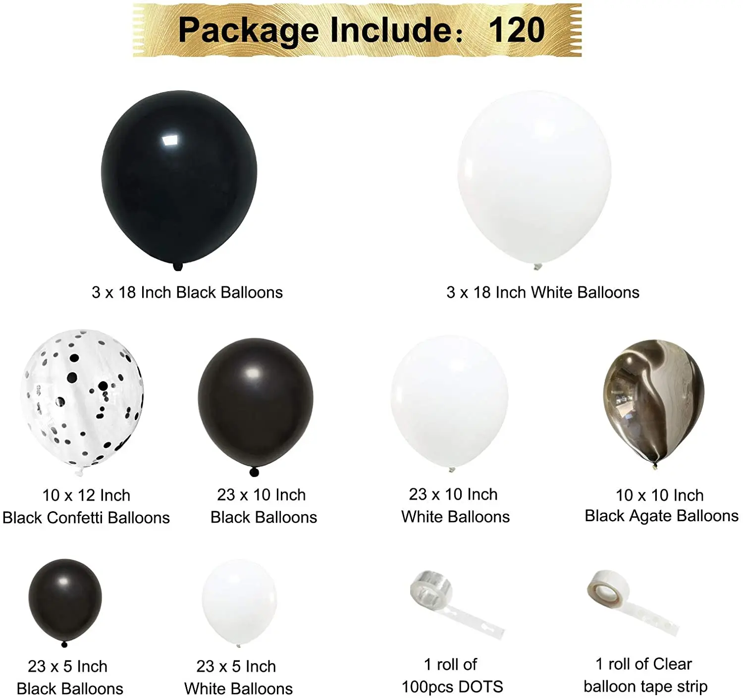 120PCS White & Black Agate Latex Balloons Arch Garland Kit for Baby Shower Birthday Graduation Party Anniversary Supplies