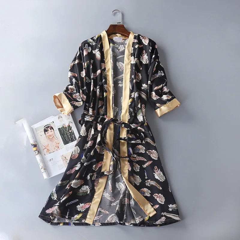 Spring Men and Women Bathrobe Three Quarter Silk Robe Home Clothing Satin Print Kimono Robes Long Sleep Wear Dressing Gown