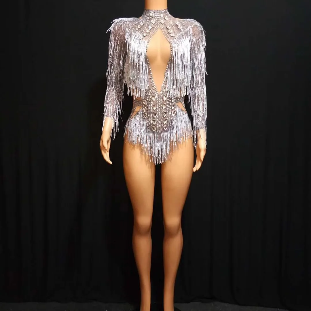 Silver Tassel Women Sexy Bodysuits Backless Latin Dancer Birthday Costume Nightclub Singer Party Drag Queen Outfit