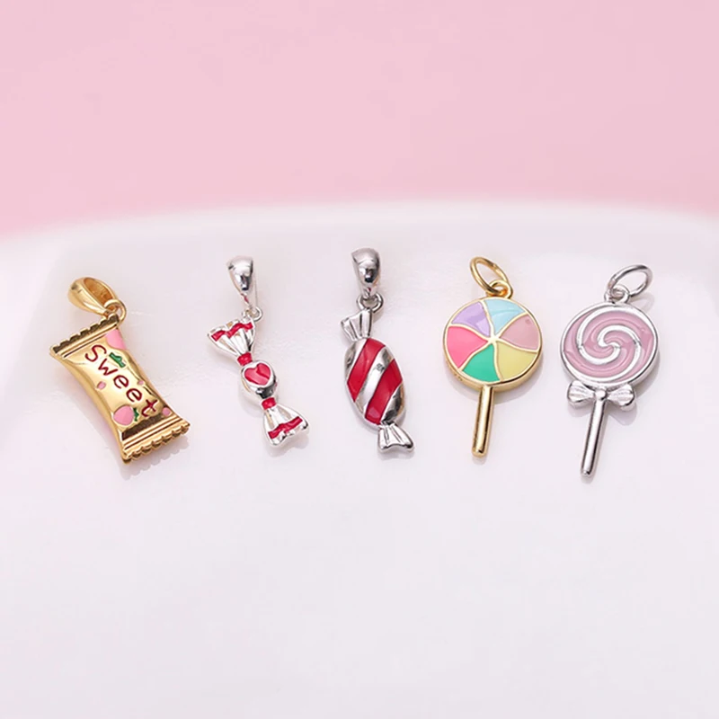 Colouful enamel Candy lollipop pendant necklace for women 925 sterling silver kids girl cute pastel dainty necklace gift