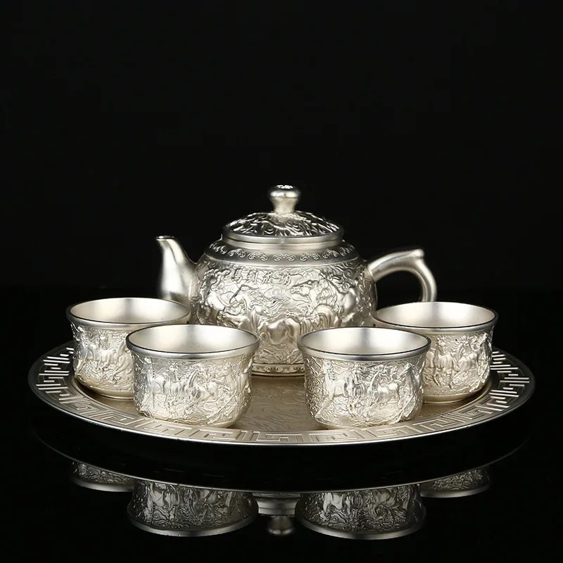 

Silver tea set small set household high-grade Kung Fu tea cup retro teapot tray tea set practical gift