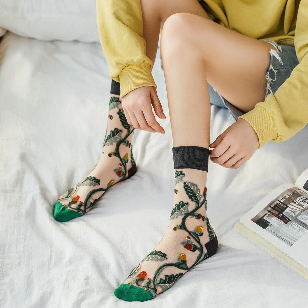 

4 Pairs Round Toe Print Flowers Socks Summer Thin Medium Tube Socks Glass Fiber Breathable Female Socks