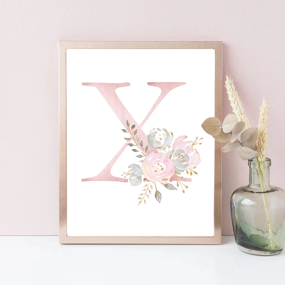 Watercolor Pink Flowers Letter Canvas Painting Posters and Prints Cuadros Wall Art Picture for Kid\'s Living Room Home Decoration