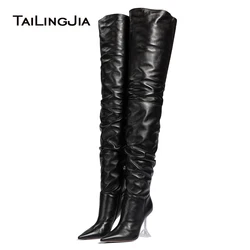 2022 Winter Ladies High Heel Black Thigh High Boots Clear Heel Pointed Toe Over The Knee Boot Women Shoes Long Boots With Heels