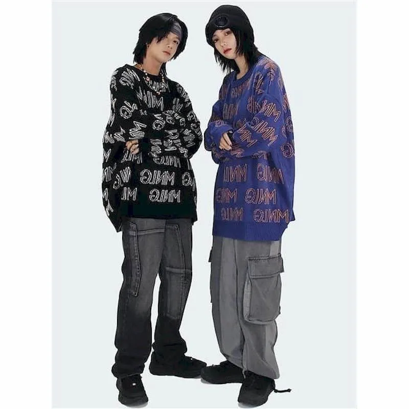 

Men women handsome sweater Oversize Korea homemade letters full jacquard O-neck pullover boy girl streetwear cool guy