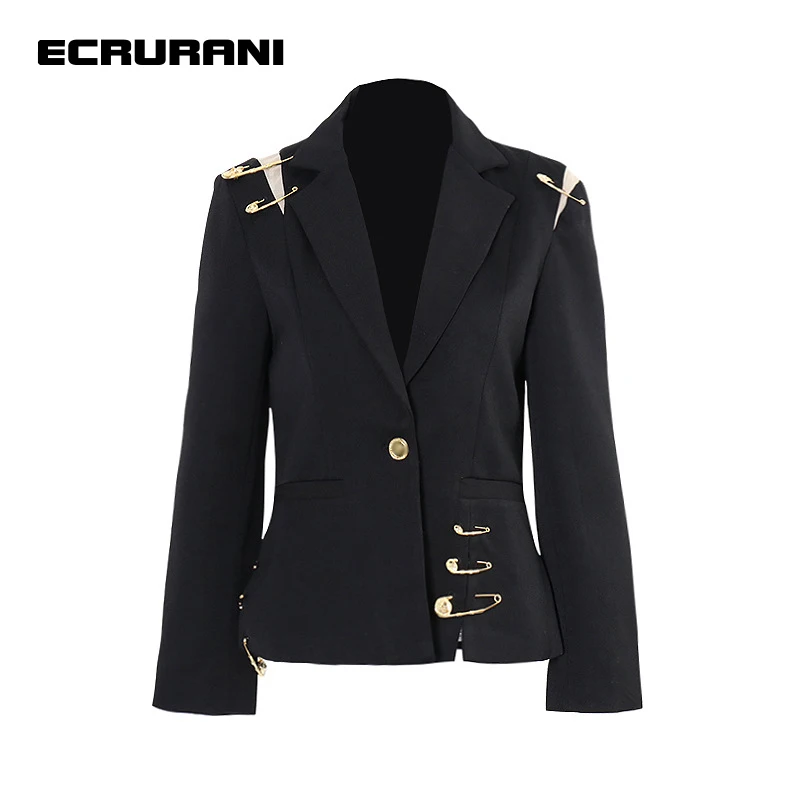 

ECRURANI Black Patchwork Blazer For Women Lapel Long Sleeve High Waist Single Button Slimming Coat Female 2021 Fashion New Style