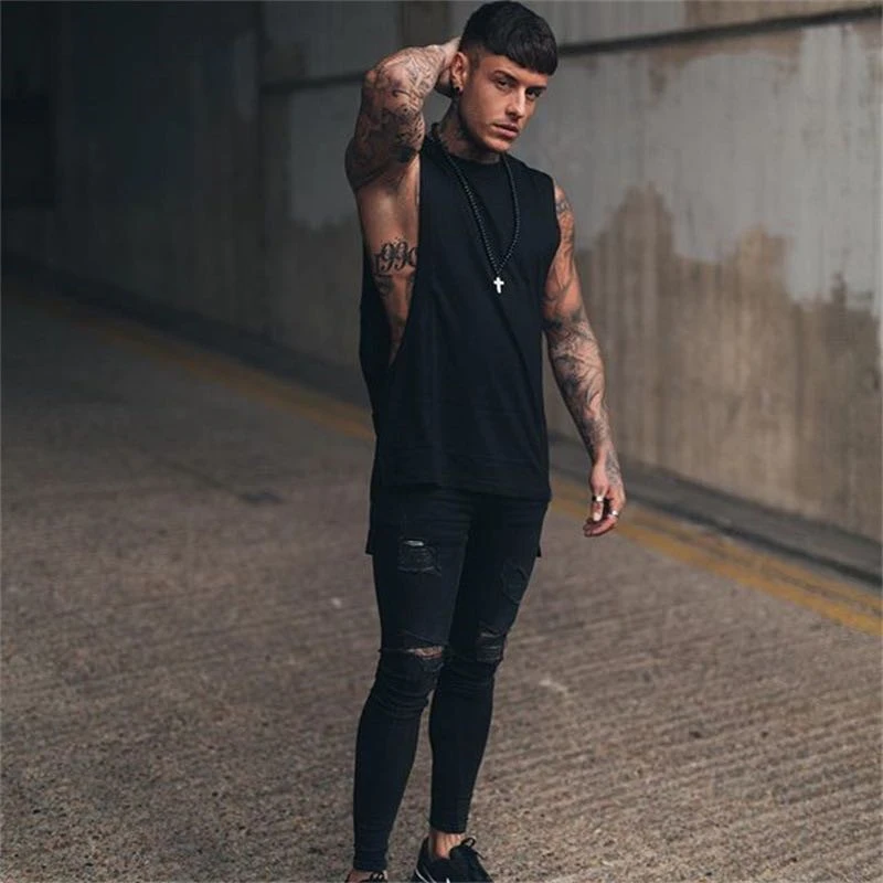 Mens Wide open Sexy Muscle Tank Top Summer Gym Clothing Cotton Fitness Workout Sleeveless Shirt Male Extend Long Hip Hop Vest