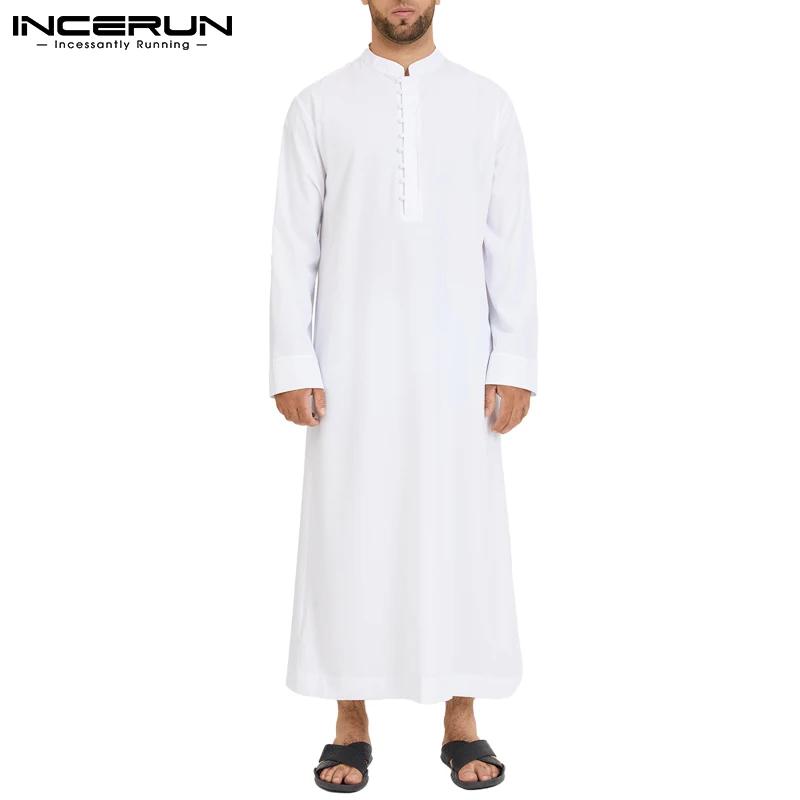 Hồi Giáo Nam Jubba Thobe Dài Tay Màu Thoáng Khí Áo Choàng 2022 Cổ Áo Đứng Hồi Giáo Ả Rập Dài Nam Abaya S-5XL INCERUN