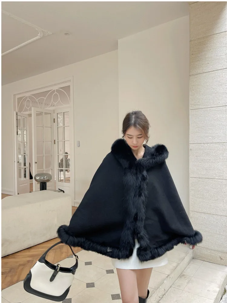 Pure 100% Wool Cape with Real Fox Fur Trim Hood Shawl Winter Warm Party Wraps Thick Women  Stole Scarf