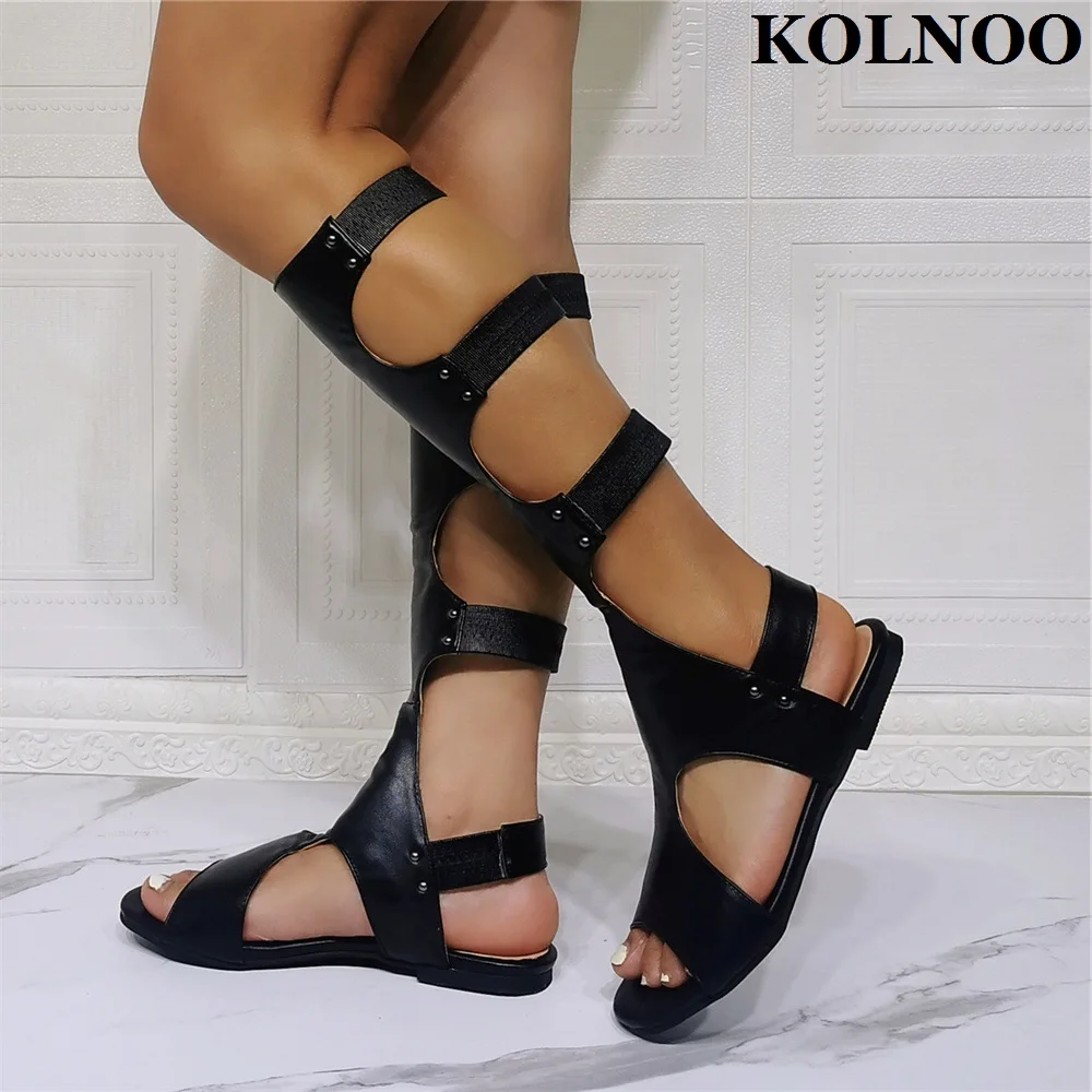 

Kolnoo Handmade New Womens Flats Sandals Black Faux Leather Open-Toe Sexy Summer Party Shoes Large Size Fashion Daily Wear Shoes