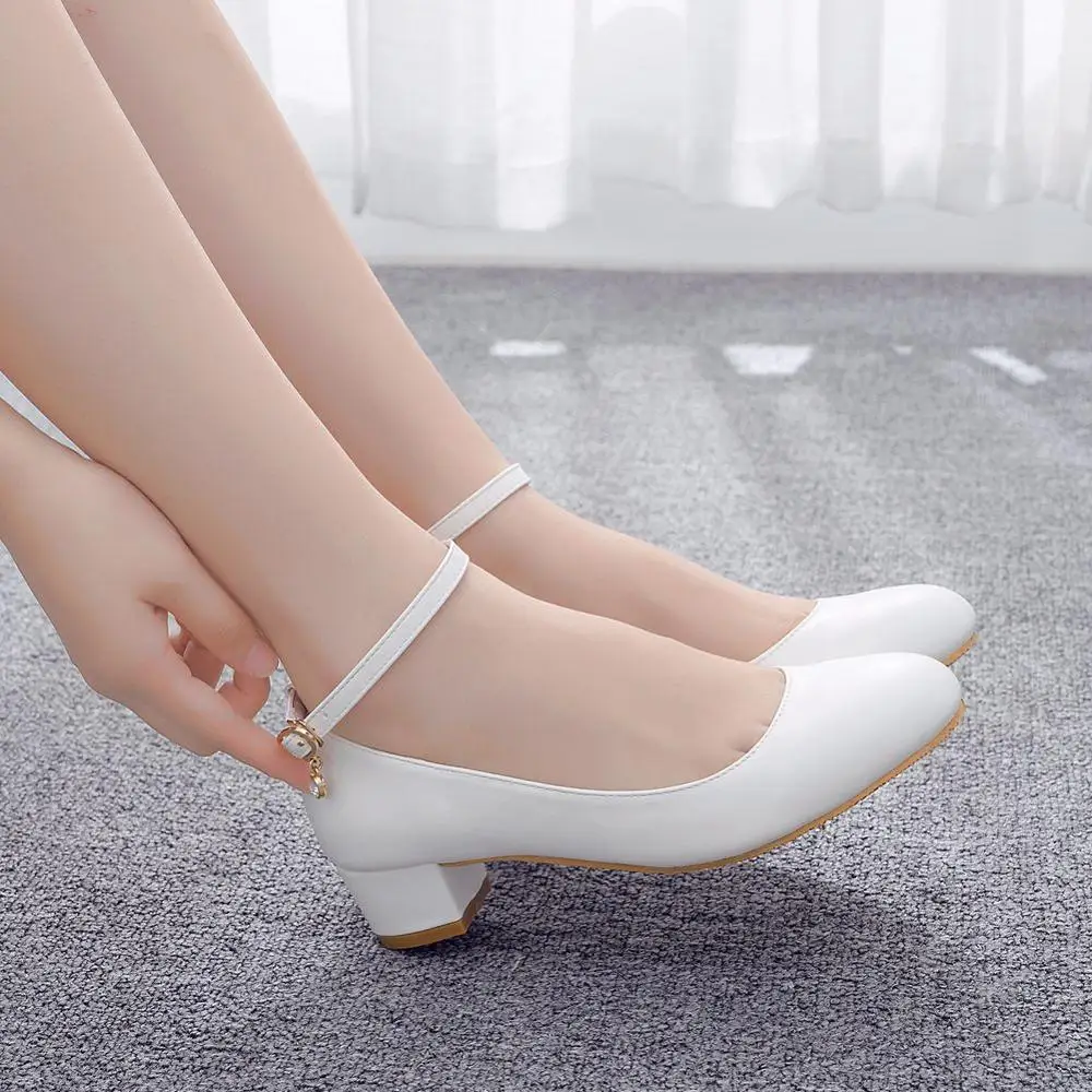 

Crystal Queen White Women's Shoes Sexy Bride Party 3CM Pointed Toe Pumps Round Head Shallow Mouth Buckle Thick High Heels
