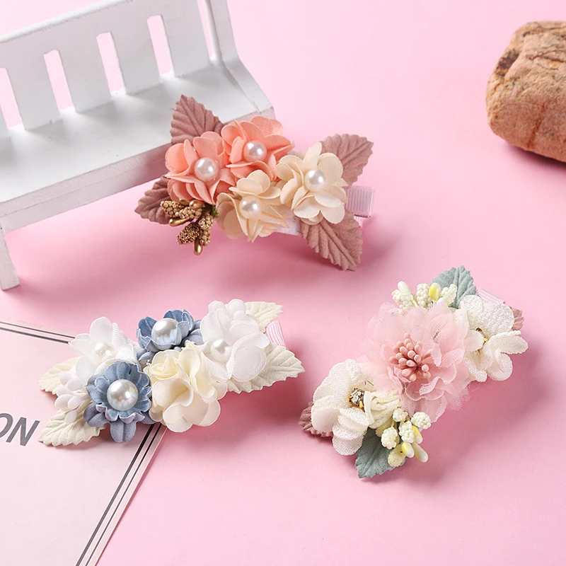 Baby Hair Clips Artificial Flower Girls Princess Pearl Side Clip Spring Summer Children Lovely Barrette Infant Todder Colorful