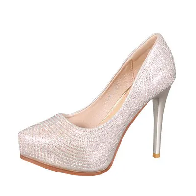 2020 NEW Women Wedding Shoes High Heels 11.5CM Lady  Pearl Platforms White Glitter Bridal Shoes Women Thin Heel Party Pump Shoes