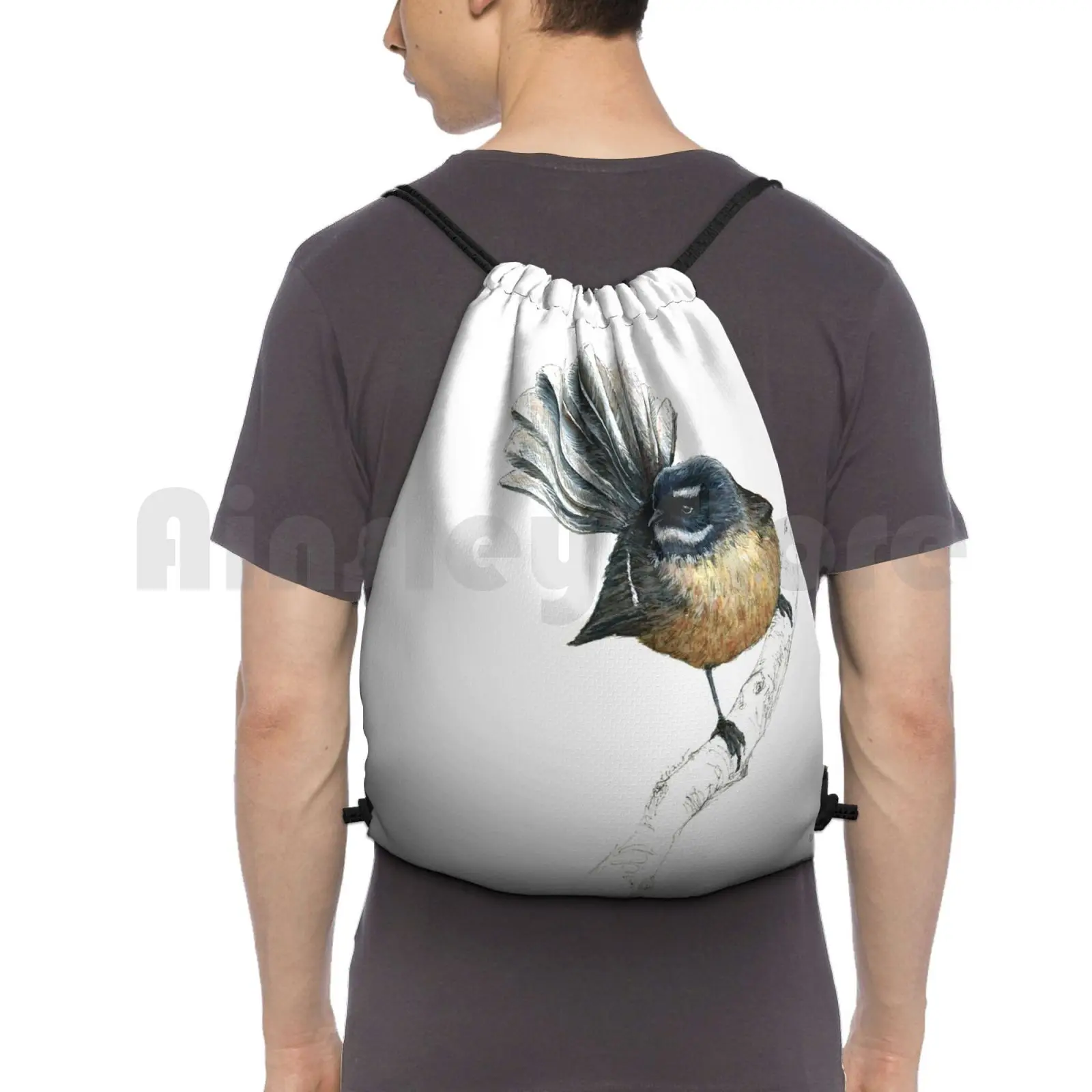 

Mr Pīwakawaka-Fantail , New Zealand Native Bird Backpack Drawstring Bags Gym Bag Waterproof New Zealand Bird Native Kiwi