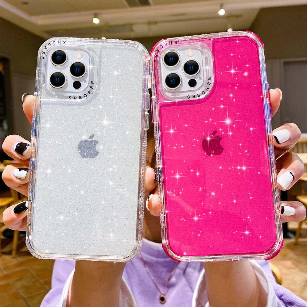 

Shockproof Drop Protection Heavy Duty Cases for iPhone 15 11 12 13 14 Pro 7 8 Plus XR XS Max X Glitter Soft Back Clear Cover