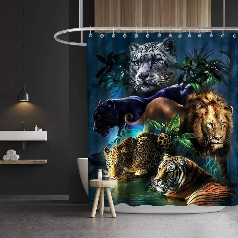 Lion and Cheetah Leopard Tiger Wildlife Animals Shower Curtain Bathroom Decork