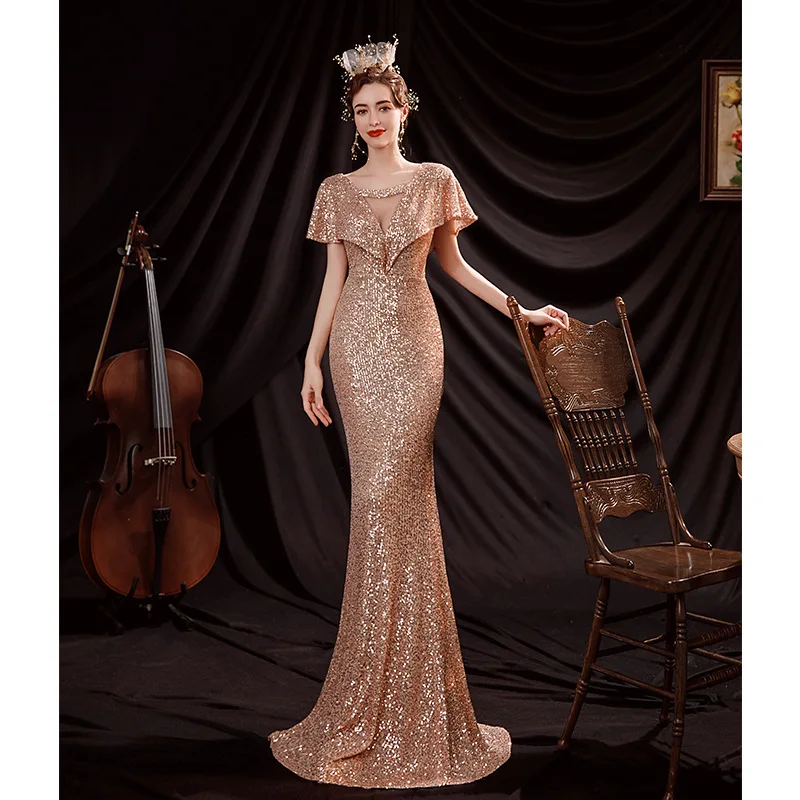 Beauti-emily – robe longue de forme sirène pour femme, tenue de soirée élégante, col en V, en paillettes, tenue de bal, été, 2021