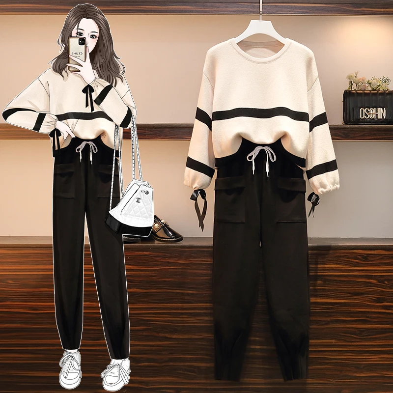 Women Plus Size Winter Warm Suit Loose Knit Sweater Tops And Woolen Pants Matching Set Outfit Large Two Piece Set Female Clothes