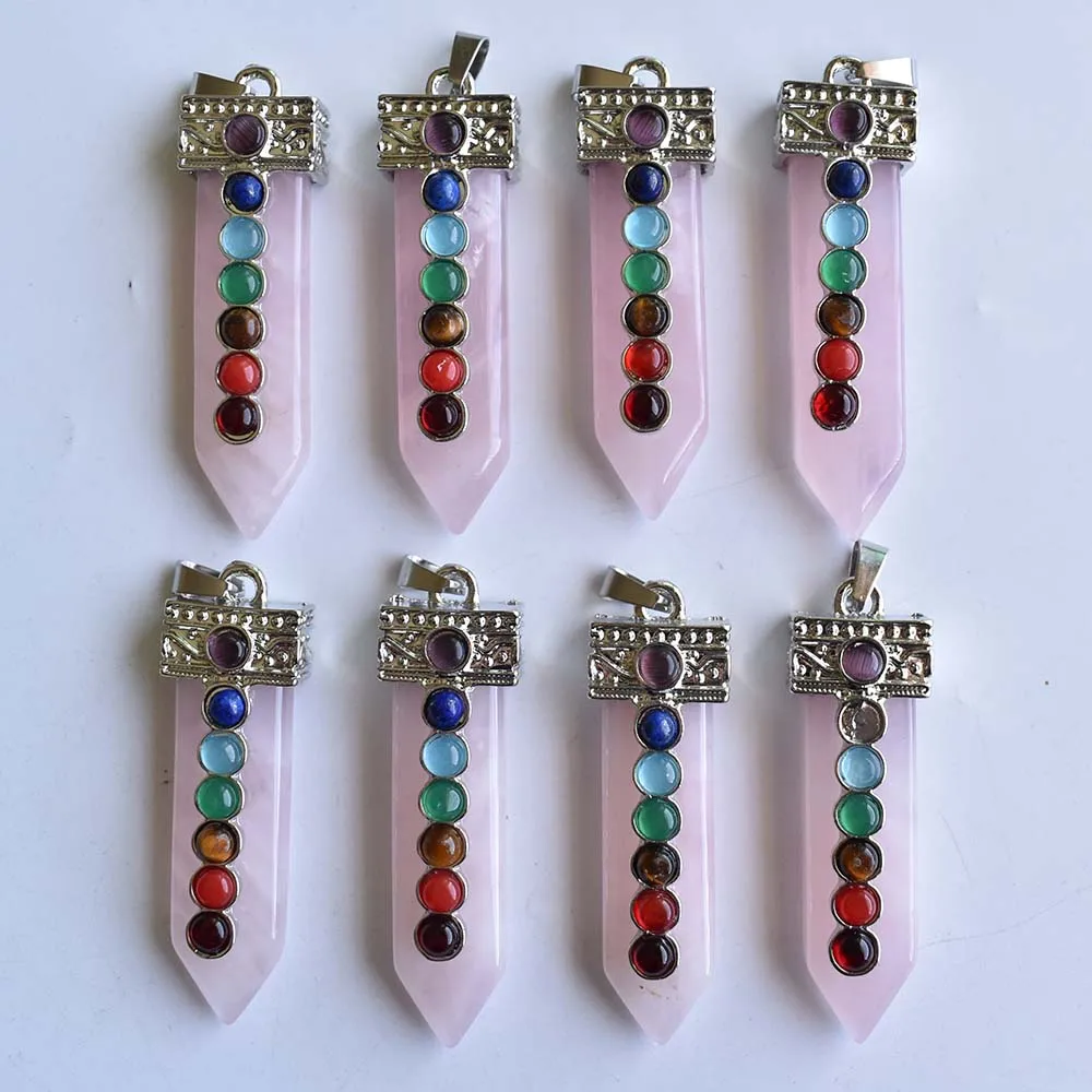 2020 Fashion natural 7 chakra pink rose stone crystal point pendulum healing chakra pendant for jewelry making 8pc/lot wholesale