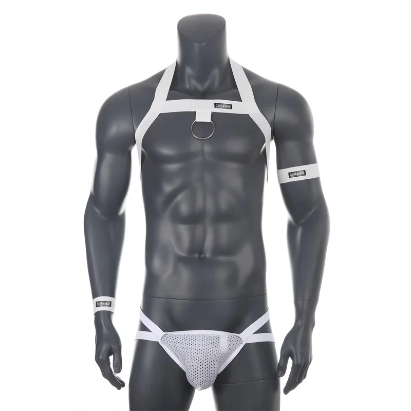 CLEVER-MENMODE seksowna męska bielizna zestaw szelki z paskiem na ramię G String Chest elastyczna opaska Jockstrap stringi Bondage Hollow Costume