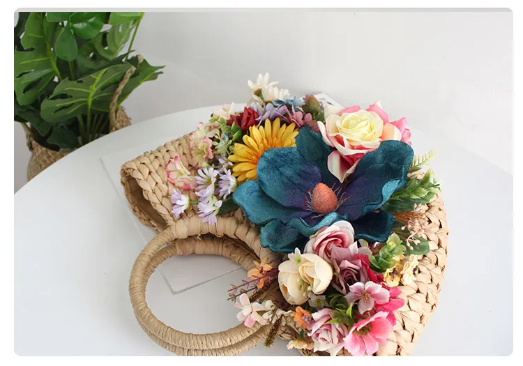 Women Fashion Multicolor Artificial Flower Straw Beach Bag Handmade High-end Customized Rattan Summer Holiday Lady Hat Tote Suit