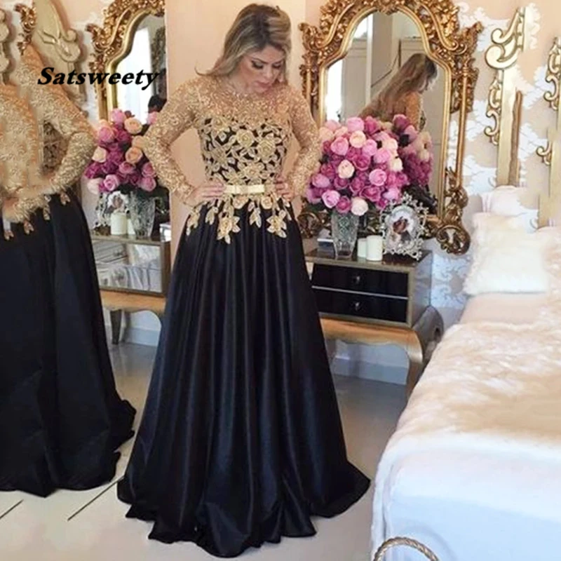 

New Stylish Long Sleeves Prom Dresses Gold Applique Black Evening Gown With Belt Satin Formal Prom Dress