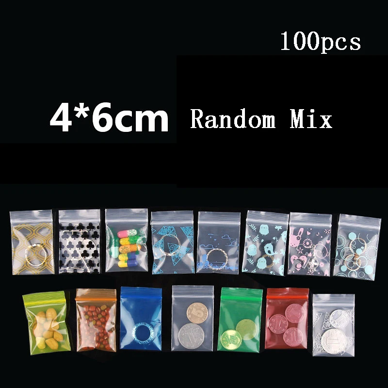 100pcs Random Mix Ziplock Pill Jewelry Packaging Plastic Pouches Mini Cute Zip lock Bags Plastic Packaging Bags Thick 0.24mm