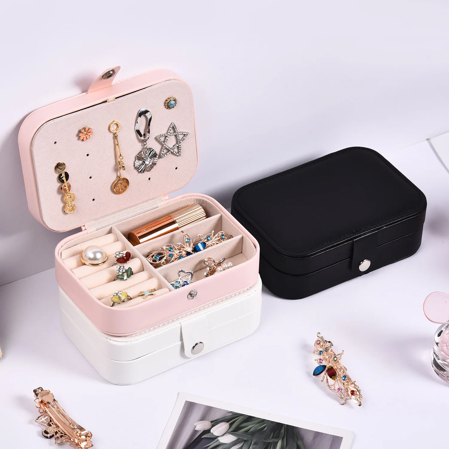 

Portable Fashion Jewelry Storage Box Double layer Organizer Women Earrings Necklace Ring PU Leather Travel Jewelry Display Boxes