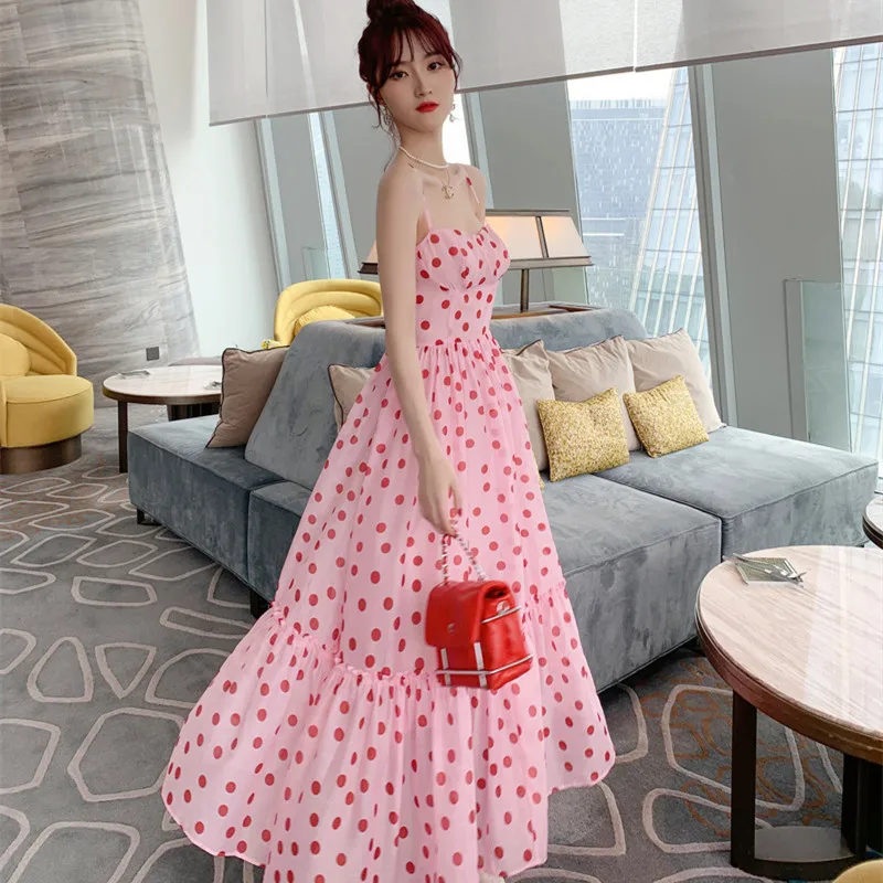 

Summer Elegant Sexy Spaghetti Strap Strapless Vacation Dress Women Lady Pink Dot Vintage Dress High-end Women Dresses Vestidos