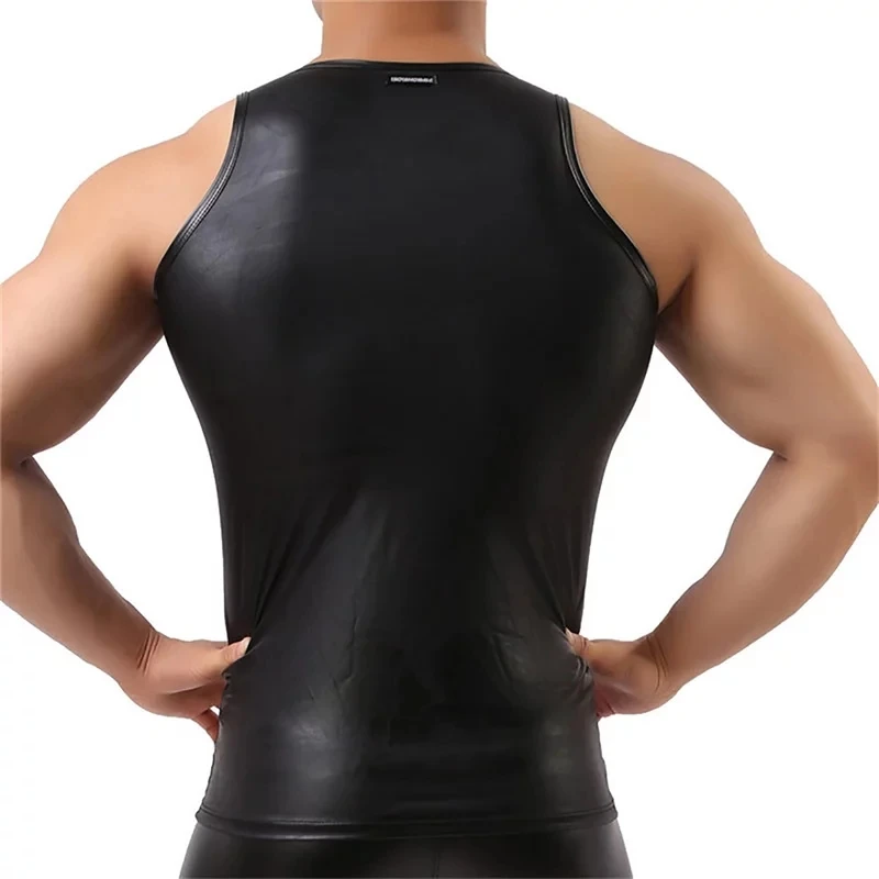 Mens Sexy Soft Sheath Leather Tank Tops Sleeveless Erotic Shaping Stretch Shirts Latex Bodycon Metallic Leather T-shirts Sexi