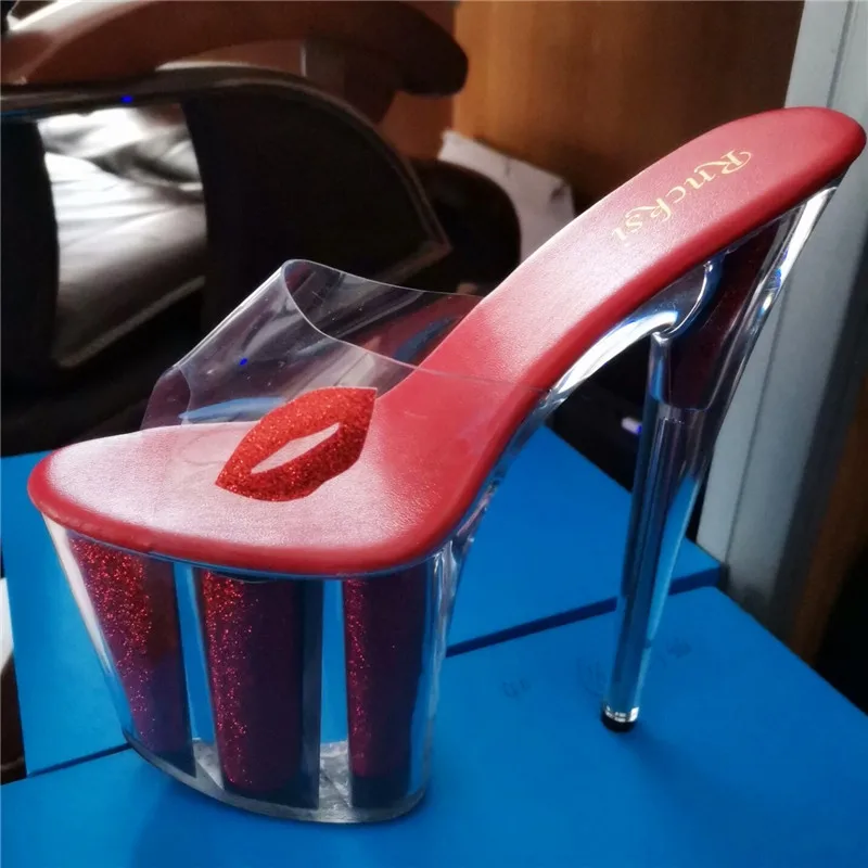 Fully transparent crystal wedding dress sandals 20 cm high heel slippers stylish lips embellished with high heels, slipper