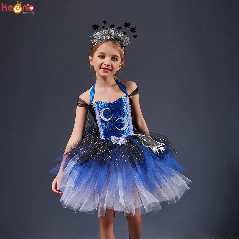 Galaxy Moon & Stars Halloween Costume Night Sky Kids Tutu Party Dress Sparkly Pageant Gala Princess Girls Ball Gown Vestido