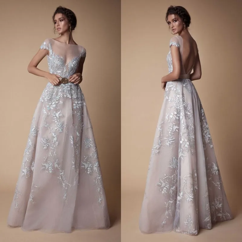 2020 ชุดราตรีคอเรือเสื้อแขนยาวแขนลูกไม้ Appliques พิเศษโอกาสชุดเซ็กซี่ Backless Sweep รถไฟ Line PROM ชุด