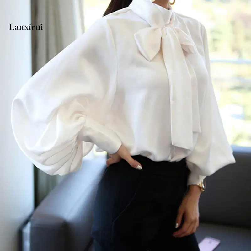 

Ladies Vintage Satin shirt women Lantern Sleeve Shirt Bow Tie Neck Loose Elegant Blouse Tops summer shirt treroninae