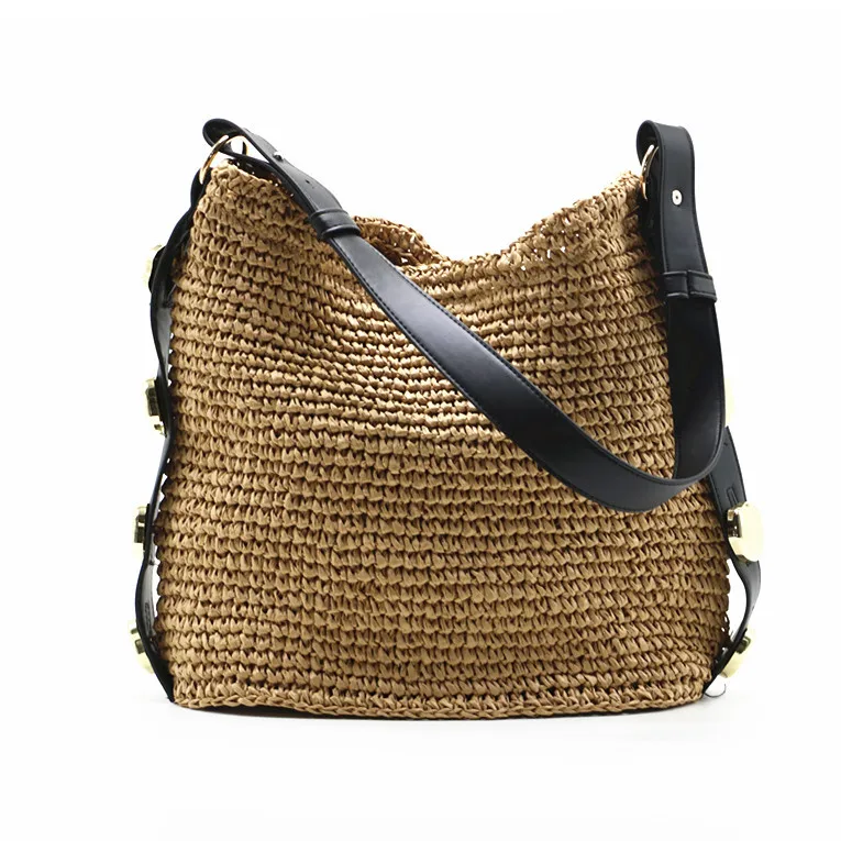 Imagem -04 - Moda Rebite Grande Capacidade Bolsas de Palha Artesanal Tecido Bolsas de Ombro Feminino Bolsas de Luxo Verão Praia Grande Tote Bolsas 2023