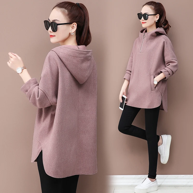 Women Autumn Jackets 2023 New Oversize itself Pullover Woolen cloth Coat Female Loose Large size Overcoat Hooded Top A247