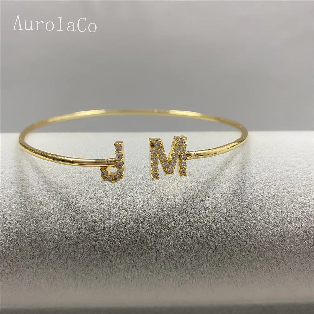 

AurolaCo Customized Name Bracelet Personalized Custom Zircon Letters Bangles Women Men Gold Stainless Steel Jewelry Gifts