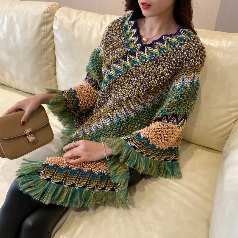 Spring Autumn Winter New Pullover sweater coat  Women's  Loose Cloak Ttassel Shawl Seven-color Rainbow Sriped Knitted Top