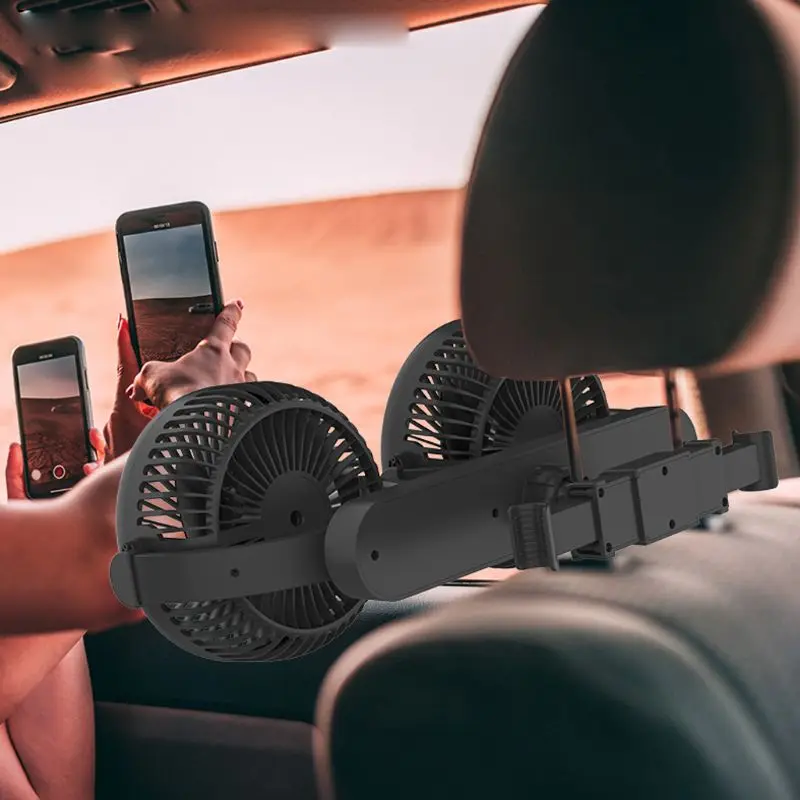 Universal 12v 24v ventilador de carro elétrico 360 graus rotatable 3 velocidade dupla cabeça do carro ventilador de ar de refrigeração automático com 5v usb carregador de celular